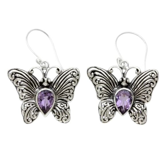 Butterfly Amethyst Earrings- Hook Drop Silver Plated - Nickel-Free Fashion - Picture 1 of 16